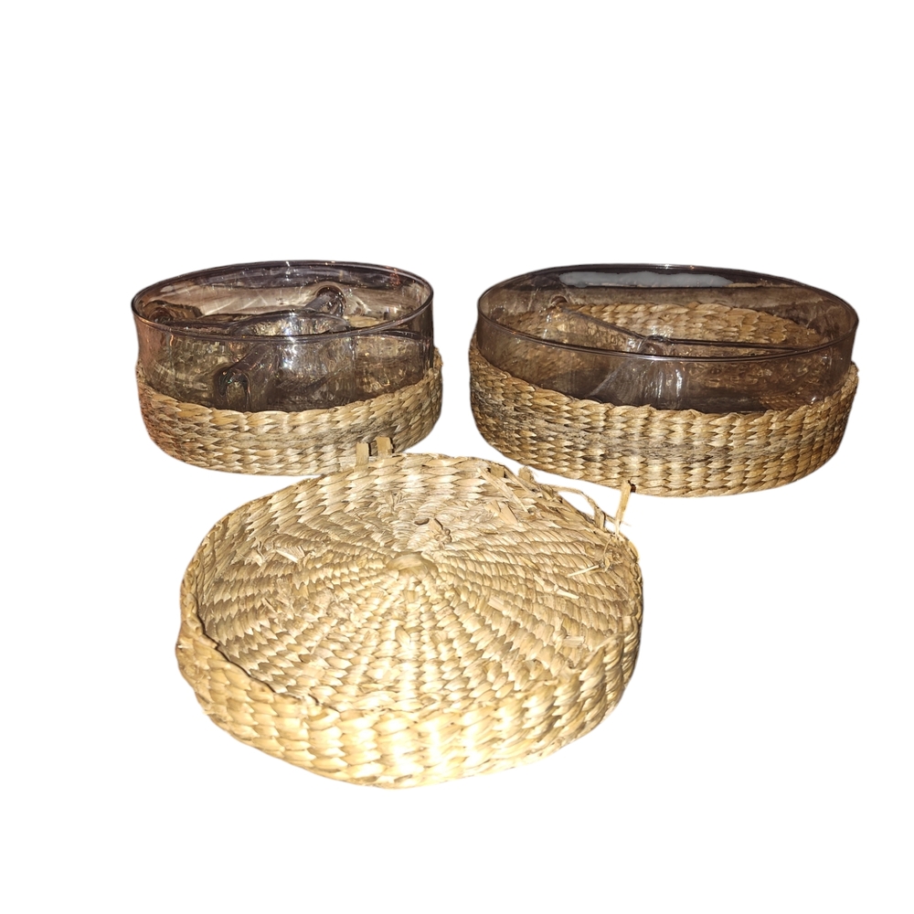 Vintage Food/Condiments Glass Storage Server Trays With Natural Woven Covers